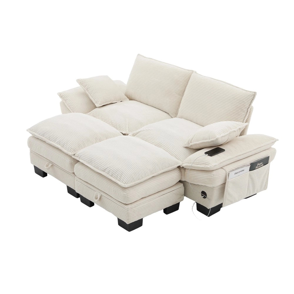 Divano 2 Posti con Poggiapiedi in Tessuto a Coste ¨C Xylo ¨C Grigio/Beige/Verde