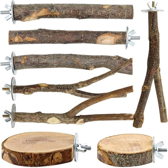 Set di supporti per uccelli - Legno di melo e legno duro - Piattaforme e chiodi - Per pappagalli, pappagalli della valle e amadini