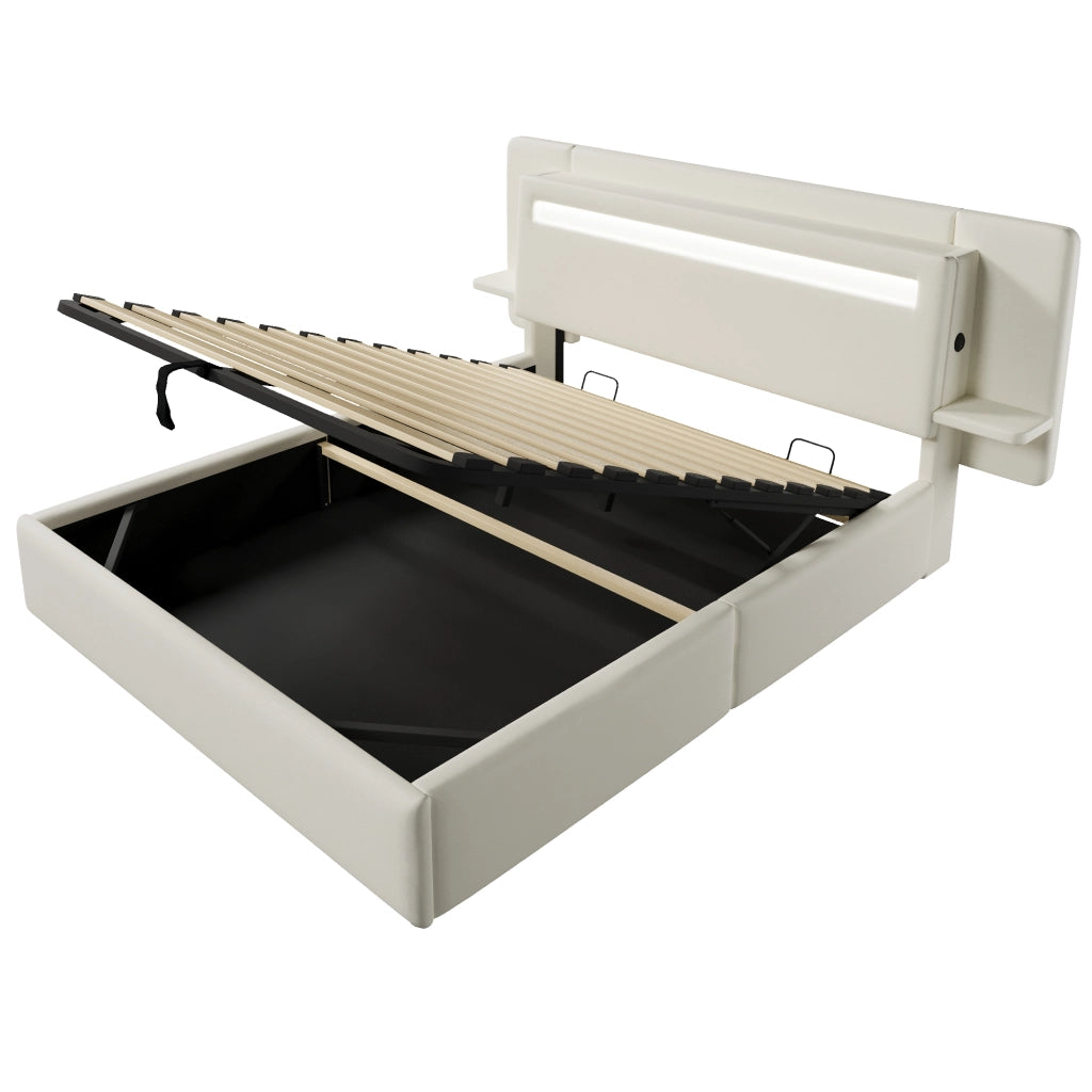 Letto imbottito 140x200 cm beige con contenitore idraulico; LED multicolore e comodino integrato