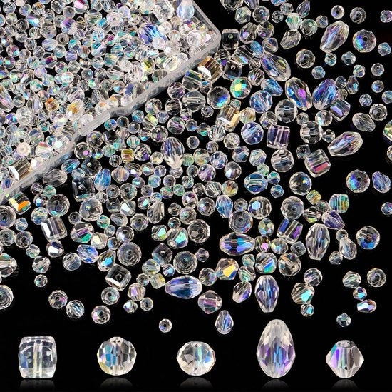 Set di perle di vetro 640 pezzi - AB con set di perle - perle facettate - progetti creativi - 5 forme - dimensioni 4/6/8mm - set di perle