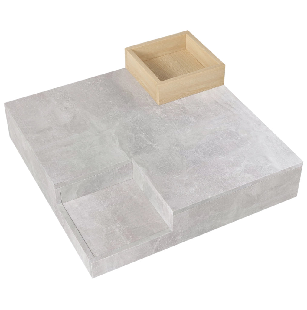 Tavolino da caffè 72x72x30 cm con box contenitore estraibile; grigio cemento e legno