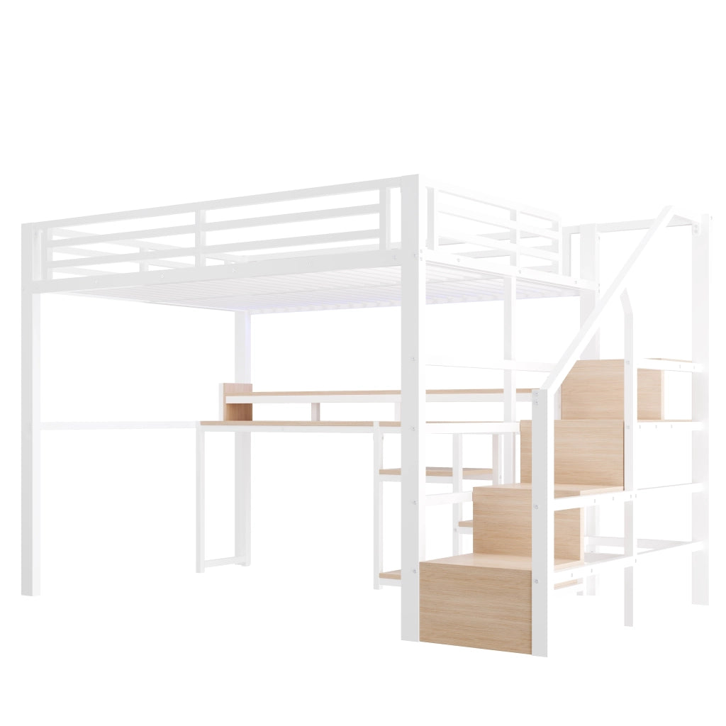 Letto a soppalco matrimoniale 140×200 cm con ripiani; USB; Type-C e LED; senza materasso; metallo e MDF; bianco