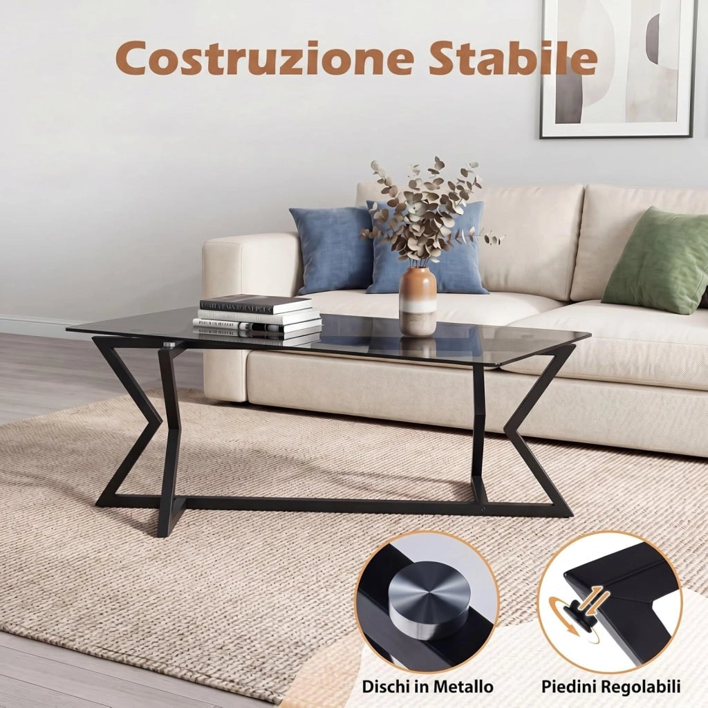 Tavolino in Vetro, Tavolo da Salotto Rettangolare Pieghevole con Struttura in Metallo Geometrico, Piedini Regolabili, Stile Moderno, Salvaspazio per Soggiorno, Ufficio, Camera, Portata 50 KG