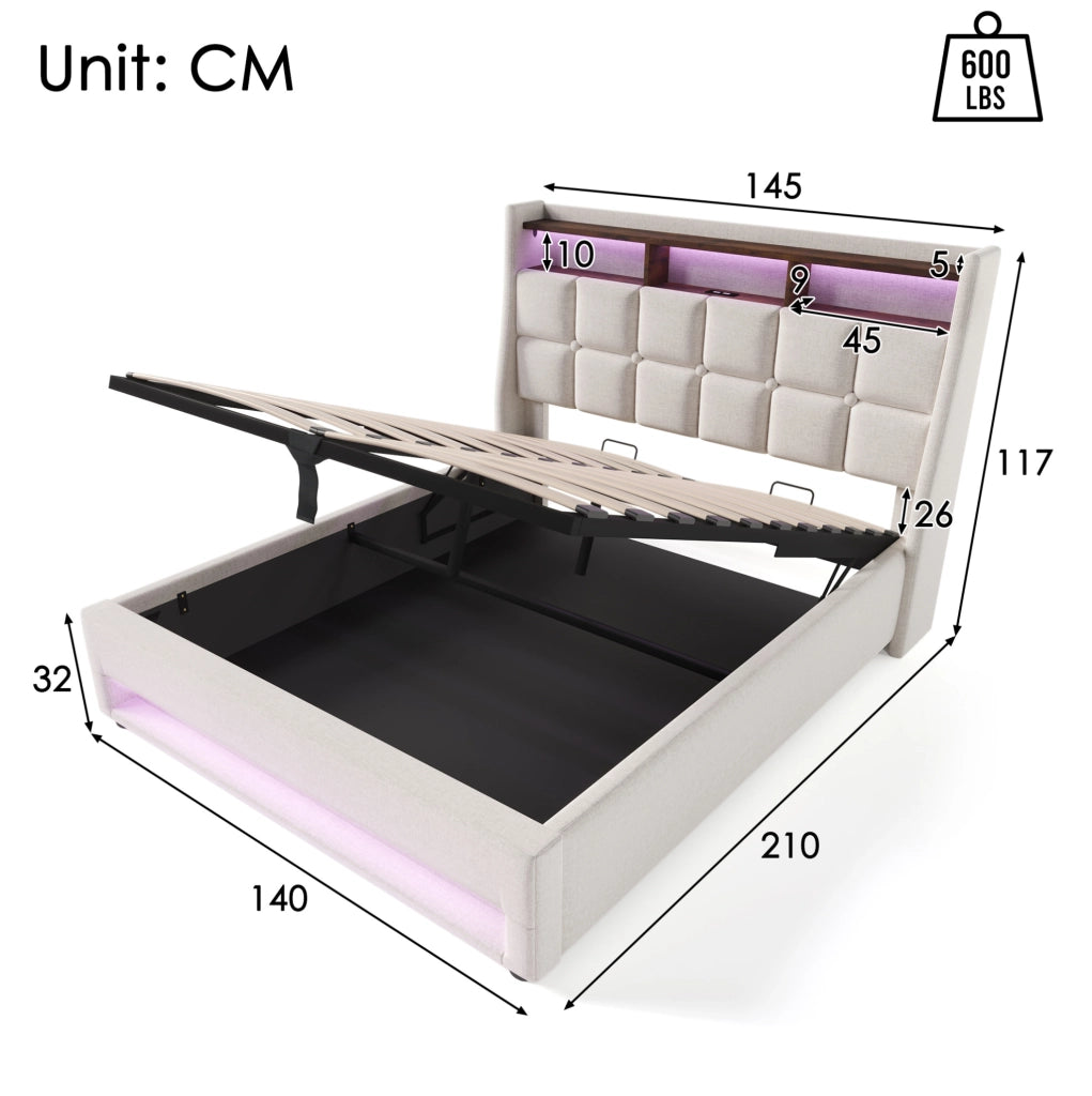 Letto imbottito 140x200 cm con LED, USB e contenitore