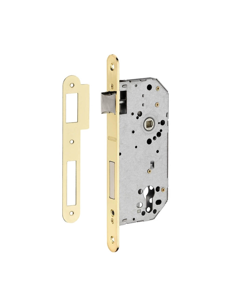 Serratura da incasso a cilindro europeo per porta ingresso, asse 50mm x 85mm, piastra tonda, dorato - THIRARD
