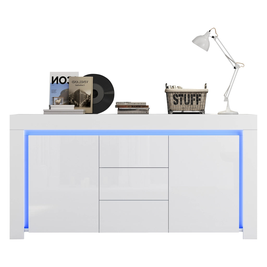 Cassettiera con LED ¨C MINIMAL ¨C Bianco Lucido, 3 Cassetti, 2 Ante, 140x40x65 cm