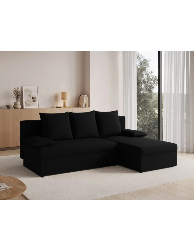Divano ad angolo Nero 3 posti chaise longue universale 206x90x146cm GINA