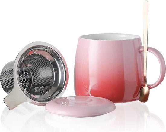 Tazza per il caffè e il tè in ceramica con filtro, coperchio e cucchiaio, 450 ml, grande tazza per caffè, tè, latte, magnetron e lavastoviglie resistente (450 ml, rosa Sakura)