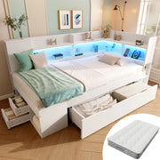 Letto Giorno 90x200 cm Bianco con LED, USB e Type-C, Legno MDF con Cassetti e Mensole, Include Materasso e Rete a Doghe