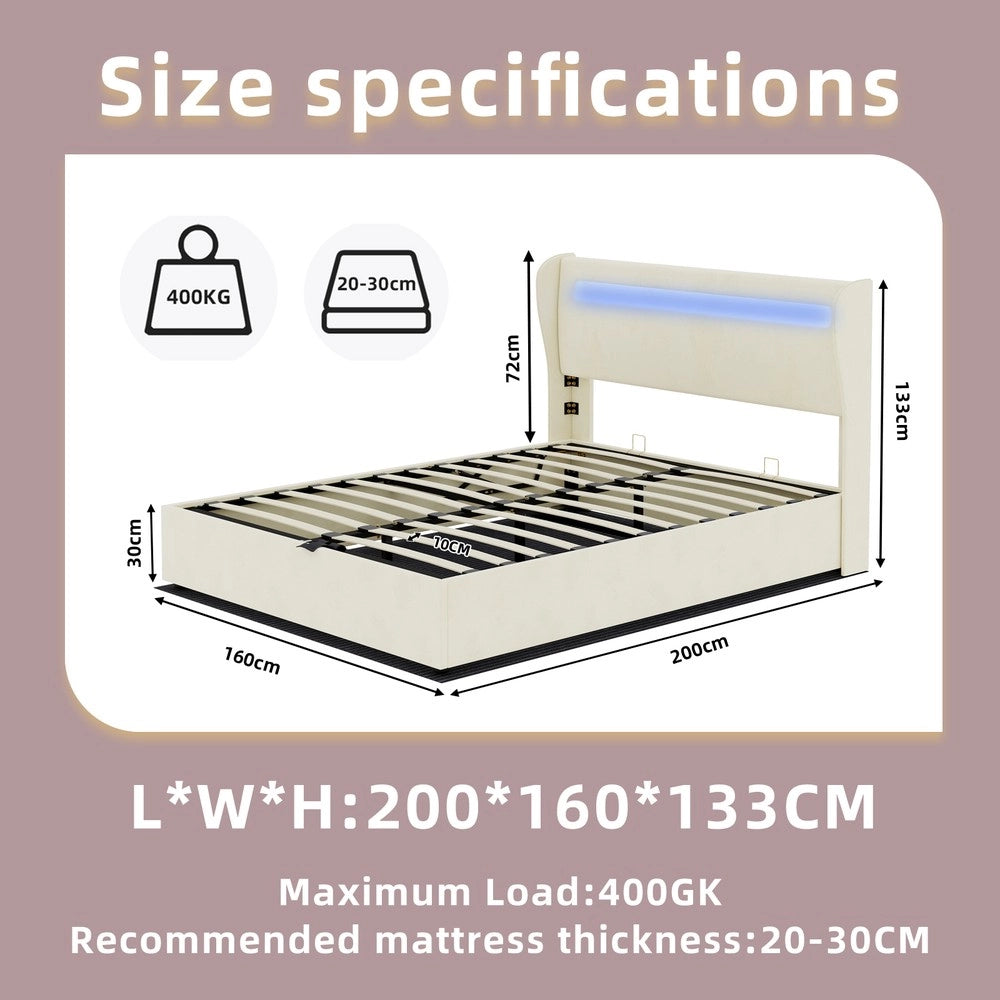 Letto Contenitore Imbottito con Testiera LED ¨C MINIMAL ¨C Velluto Beige 160x200