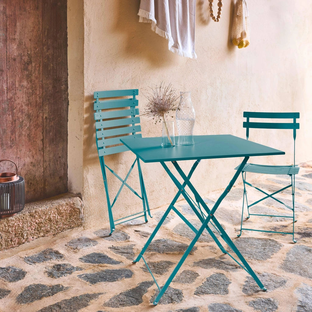 Set tavolo da giardino pieghevole in acciaio con 2 sedie, 70cm, blu