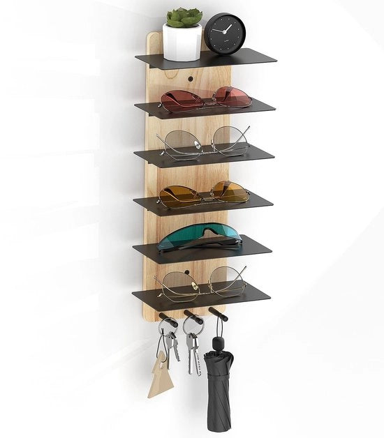 Presentatore per occhiali da sole in legno con 6 livelli di presentazione - Organizzatore per occhiali da sole - Presentatore per accessori - Organizzatore per parete - Presentatore per chiavi - Design rustico