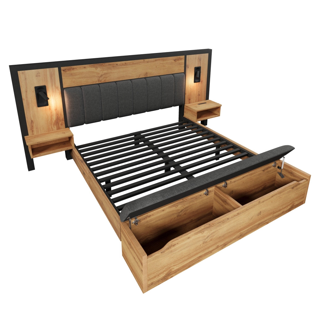 Letto matrimoniale 180x200 cm con luci da lettura; USB C e panca contenitore; rovere