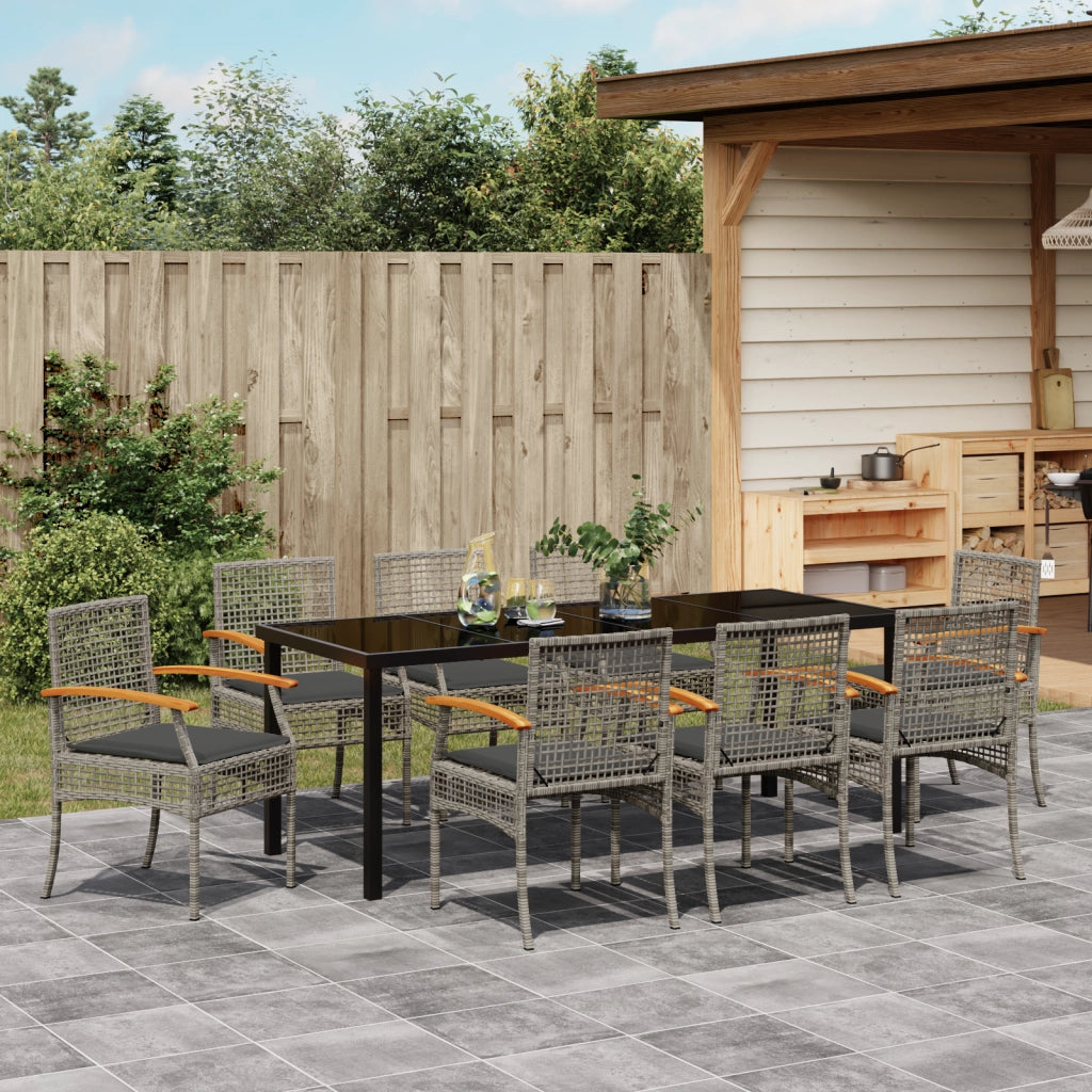 Set da Pranzo da Giardino 9 Pezzi con Cuscini Grigio Polyrattan
