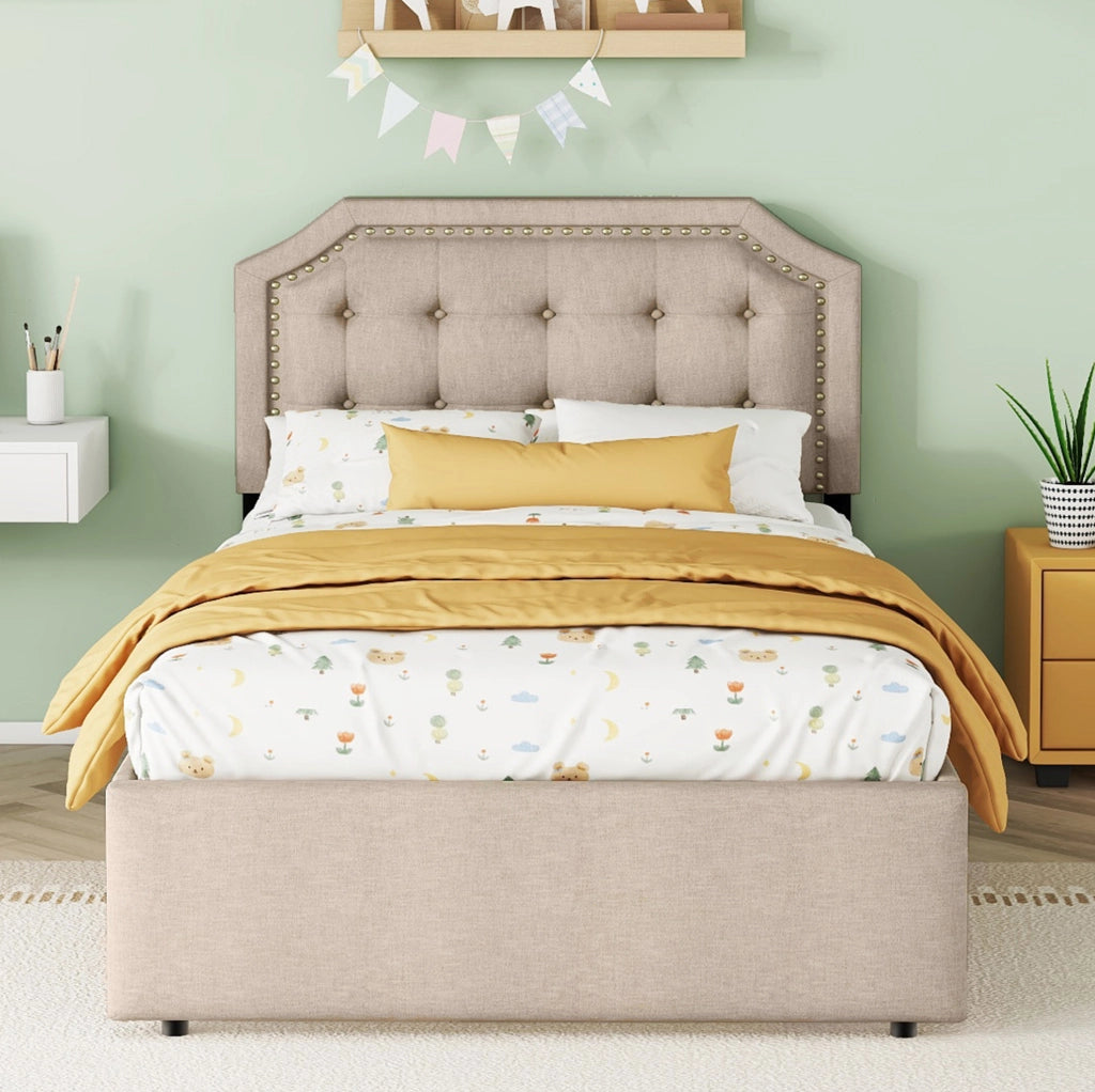 LETTO Imbottito 90x200 cm Beige Scuro con 2 Cassetti