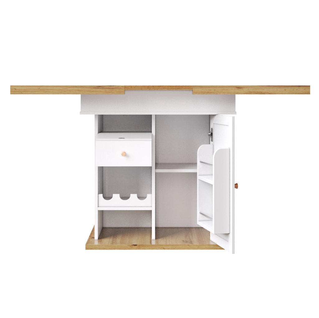 Tavolo allungabile 110-140x80x75 cm con anta; cassetto e ripiani; bianco e naturale