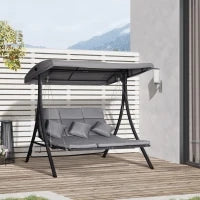 Dondolo da Giardino 3 Posti con Tettuccio Parasole Regolabile e 3 Cuscini, Dondolo da Esterno con Seduta Traspirante in Texteline e Metallo, Portata Fino a 270 kg, 198x118x168 cm, Grigio