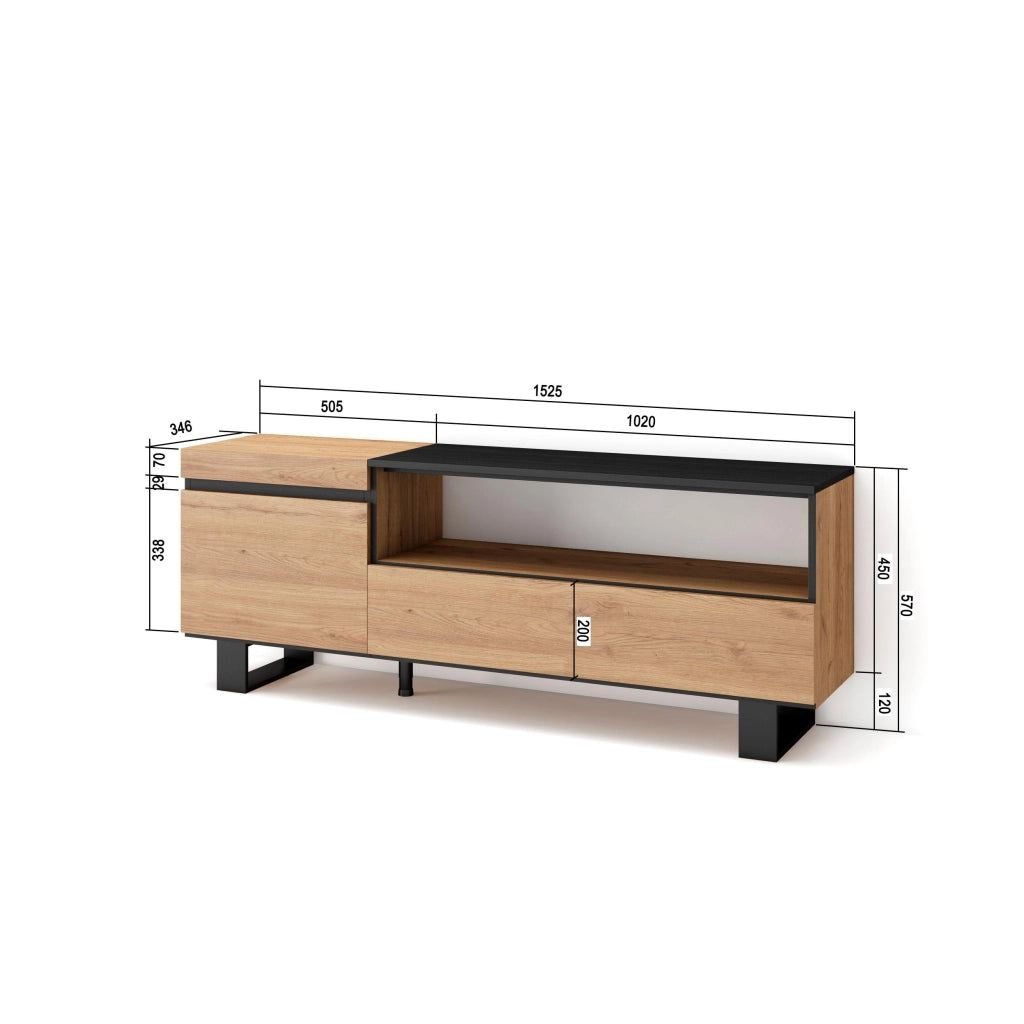 Mobile TV Soggiorno, 150x35x57cm, Per TV fino a 65", Design industriale, colore Rovere e nero RF2434