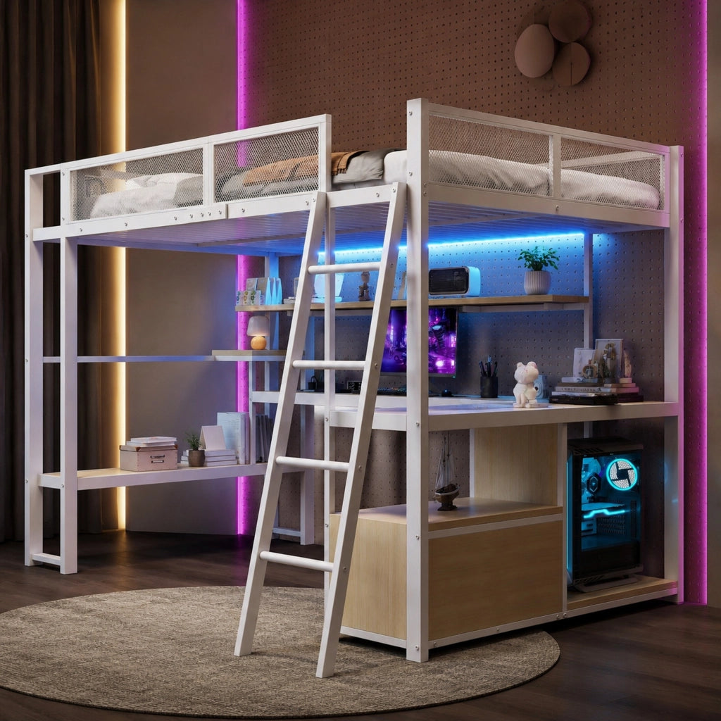 Letto a soppalco gaming 140x200 cm con scrivania e LED