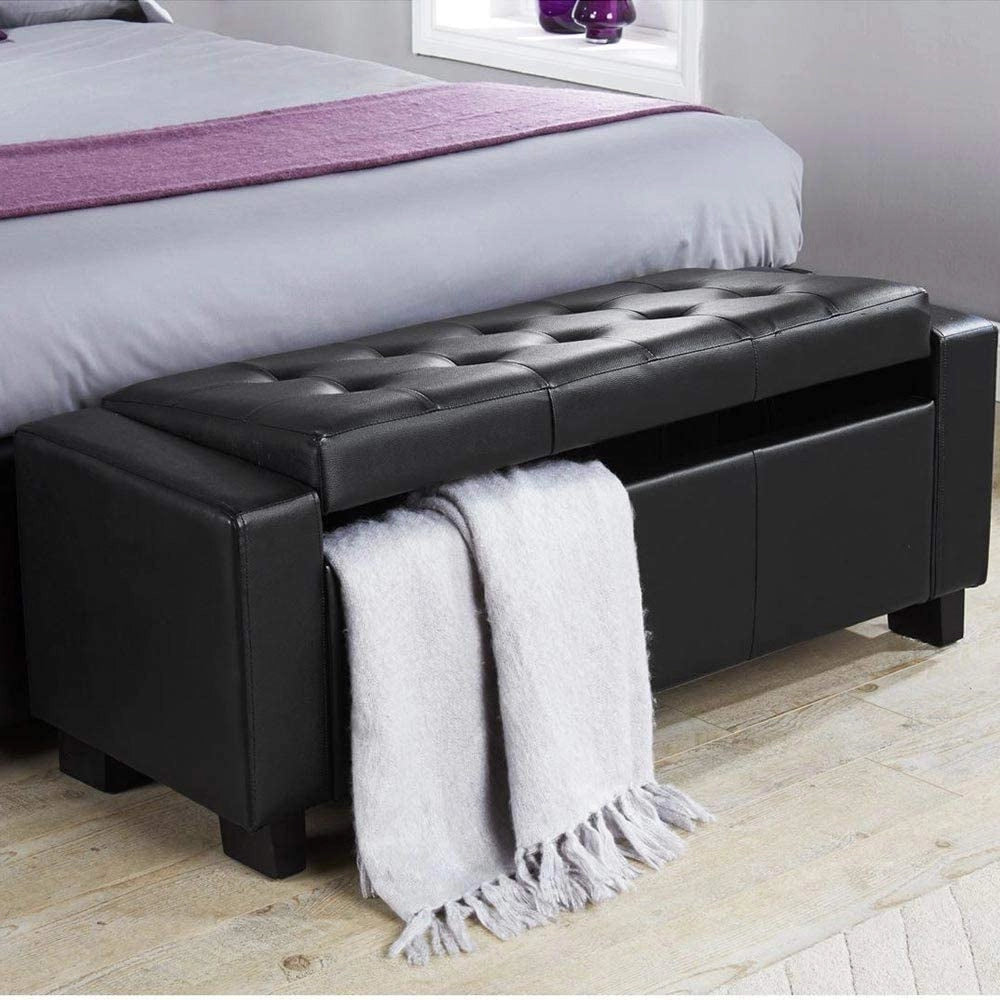 Cassapanca Pouf Contenitore Panca Fondoletto 110x40x40 cm in Legno e Eco Pelle Nero