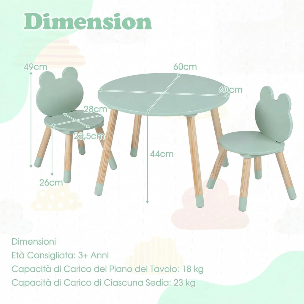 Set Tavolo e Sedie per Bambini, Tavolino e 2 Sedie a Forma di Rana con Gambe in Legno e Angoli Arrotondati, Set Mobili Salvaspazio per Bambini 3+ Anni per Cameretta Ragazzi (Verde)