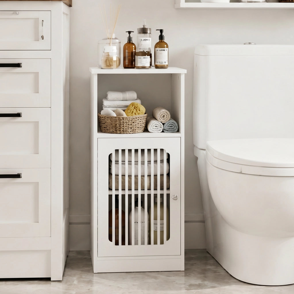 Mobile bagno basso a terra con porta a lamelle, struttura a più livelli, bianco