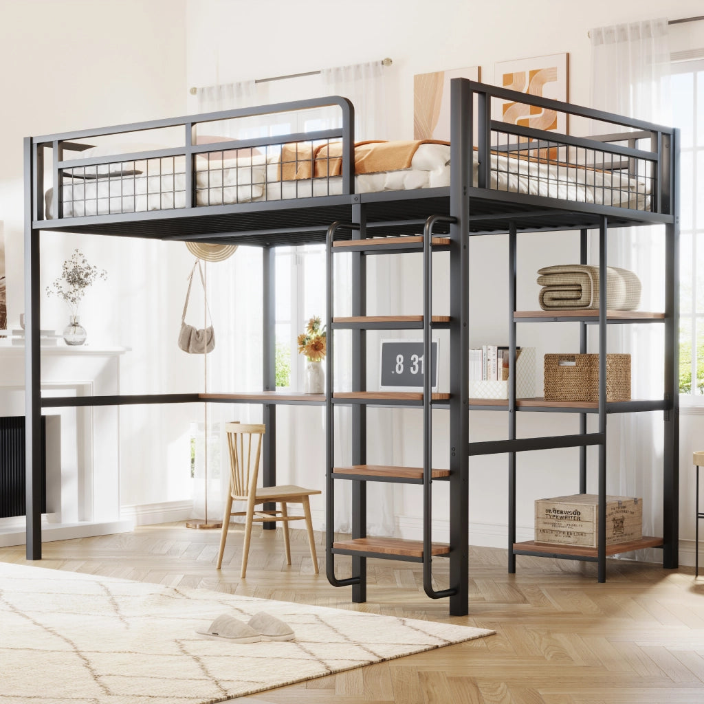 OKWISH Letto a Soppalco 140×200 cm, Letto Matrimoniale con Scala a Gradini, Scrivania e Mensole, senza Materasso, in Metallo, Nero
