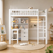 DESMIU Letto a soppalco singolo con scrivania, 3 cassetti e ripiani 90 × 200 cm  senza materasso bianco