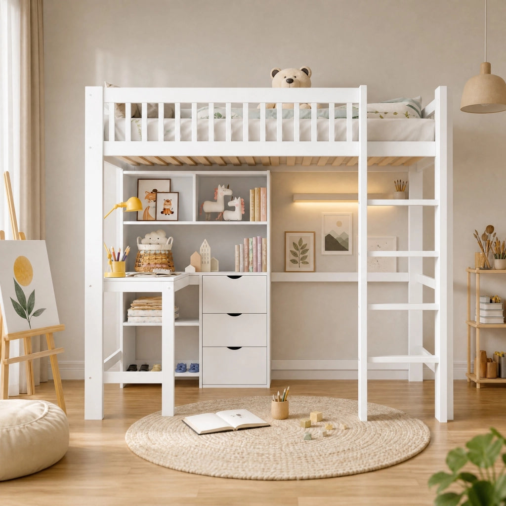 DESMIU Letto a soppalco singolo con scrivania, 3 cassetti e ripiani 90 × 200 cm  senza materasso bianco