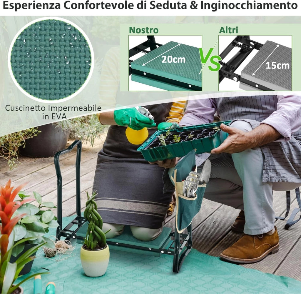 Inginocchiatoio da Giardino 2 in 1 Portatile e Pieghevole, Sgabello da Giardino con Grande Borsa per Attrezzi, Sedile per Giardinaggio per Inginocchiare e Sedere