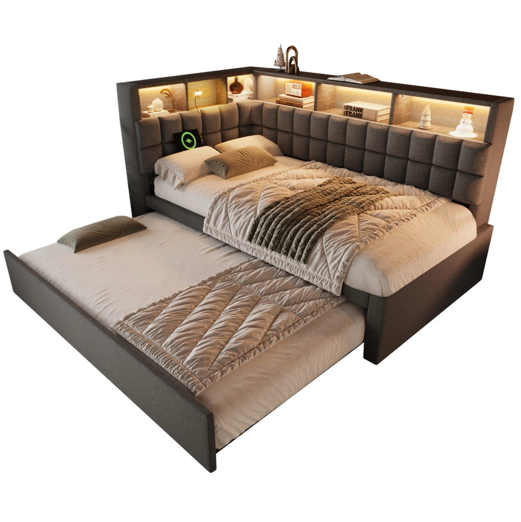 Letto imbottito con rete estraibile, LED, Bluetooth e porta USB/Type-C, grigio