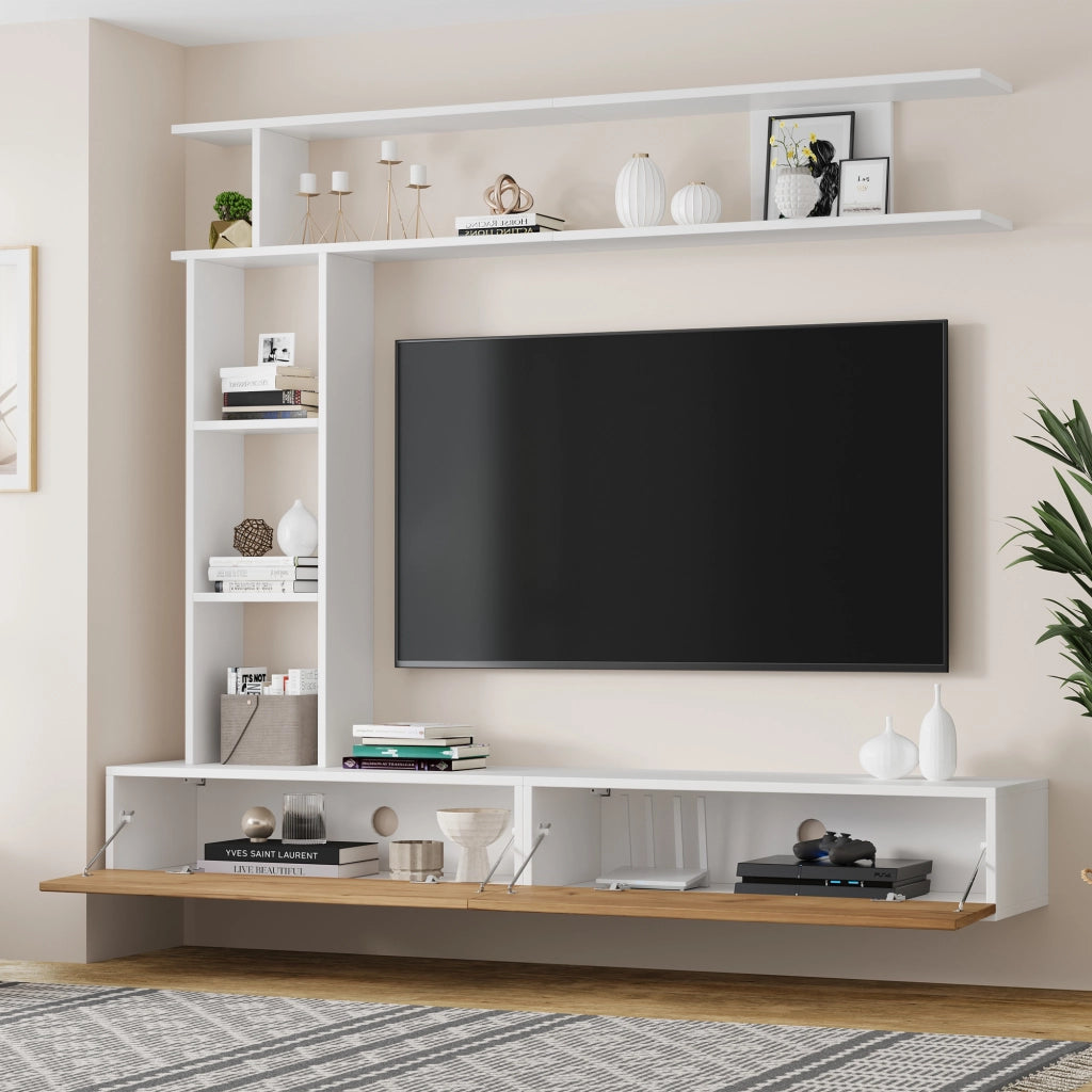 Mobile porta TV con 2 ante e vani aperti, per soggiorno, in truciolare, bianco e effetto legno, 180 × 35 × 22,5 cm