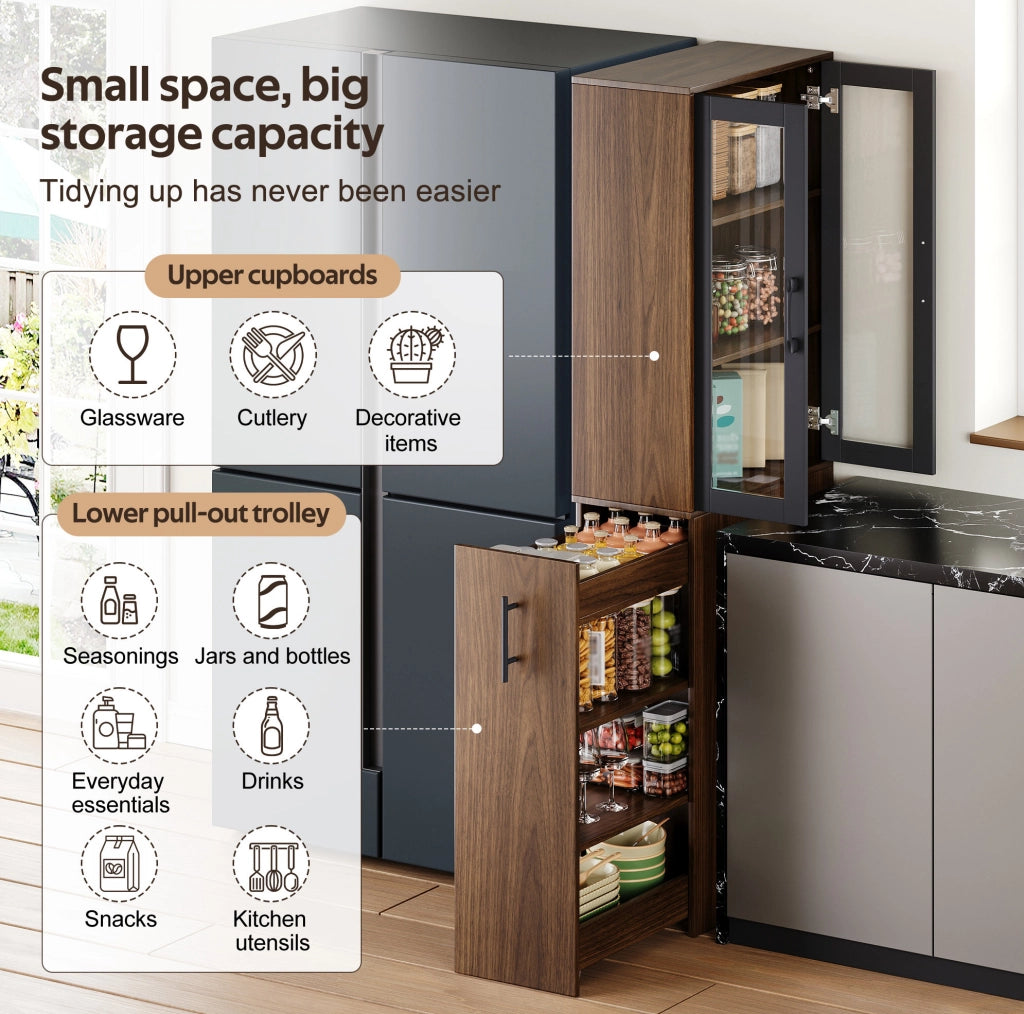 Mobile dispensa sottile da cucina 60x30x180 cm con ante in vetro e carrello estraibile; MDF nero e naturale