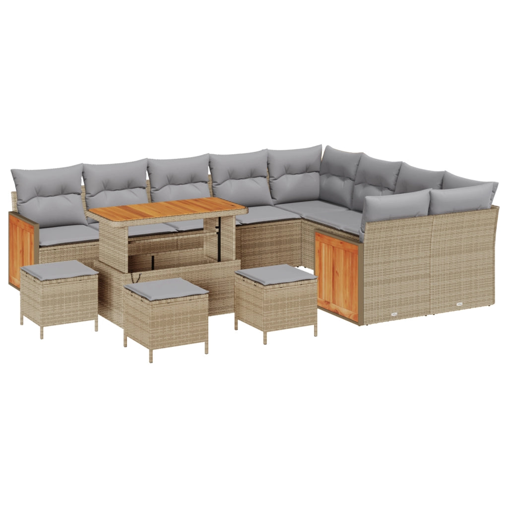 Set Divani da Giardino  13 Pezzi con Cuscini Beige Rattan Polietilenico Acacia