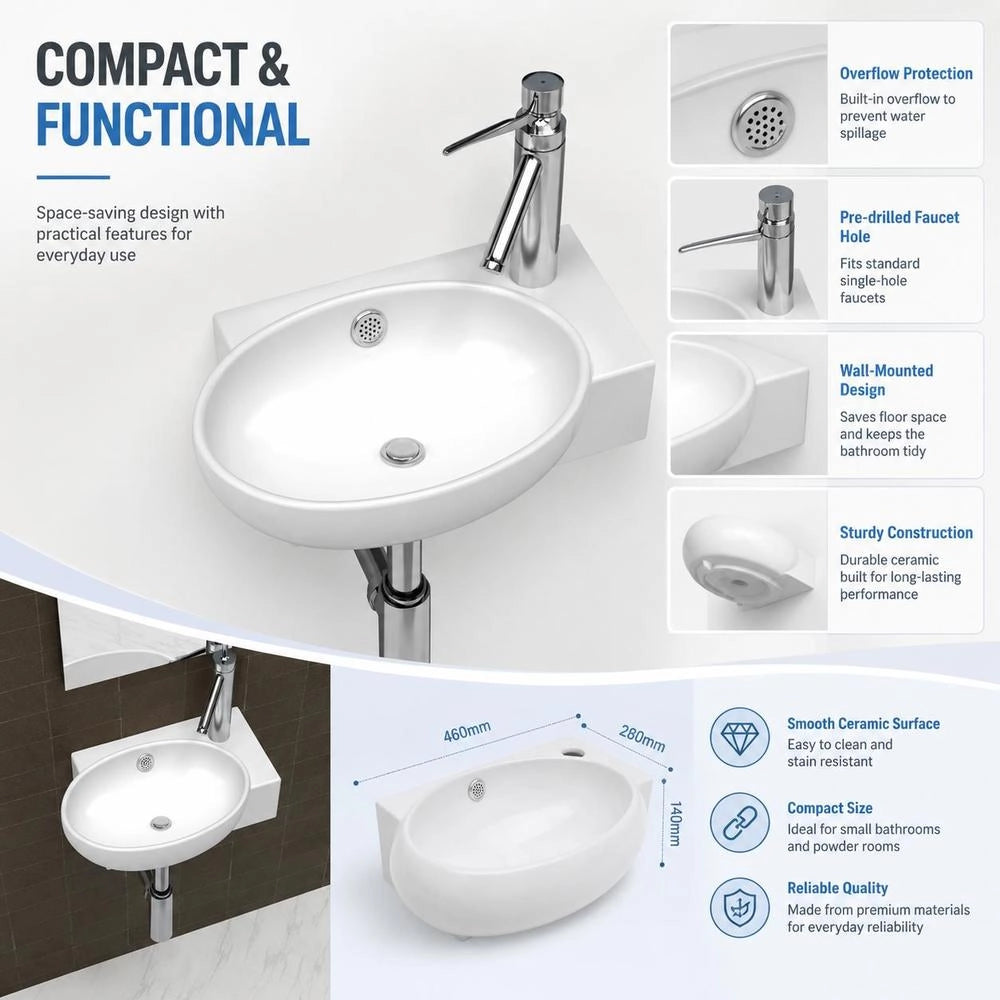 Washbasin With Tap Hole And Overflow Hole, Ceramic, White