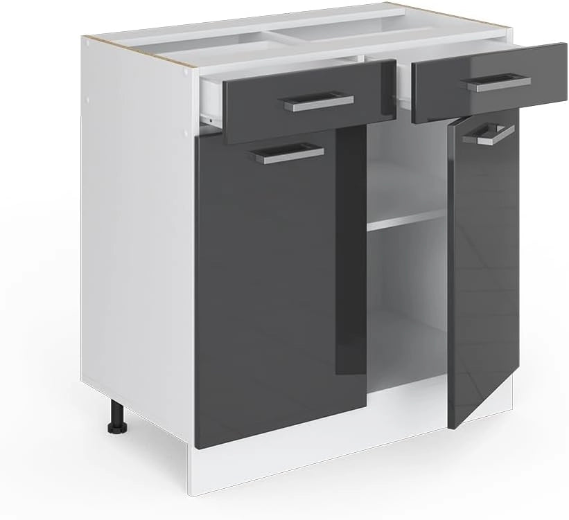 Mobiletto base per cucina R-Line, Antracite lucido, 80 cm senza piano di lavoro, per la libera combinazione all'interno di sistemi cucina modulari