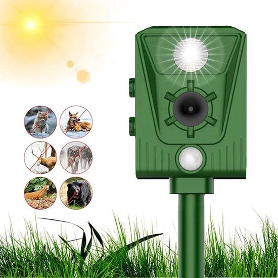 Repellente ultrasonico per animali alimentato da energia solare per giardino contro colombi, gatti, uccelli, cani, topi.