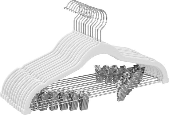 Broekhangers fluwel con ponte e clip, pacchetto hanger, sottile, antiscivolo, spazievitore, gancio 360° rotante, per costumi, camicie, giacche, cappotti, 42,5 cm, bianco CRF012W01