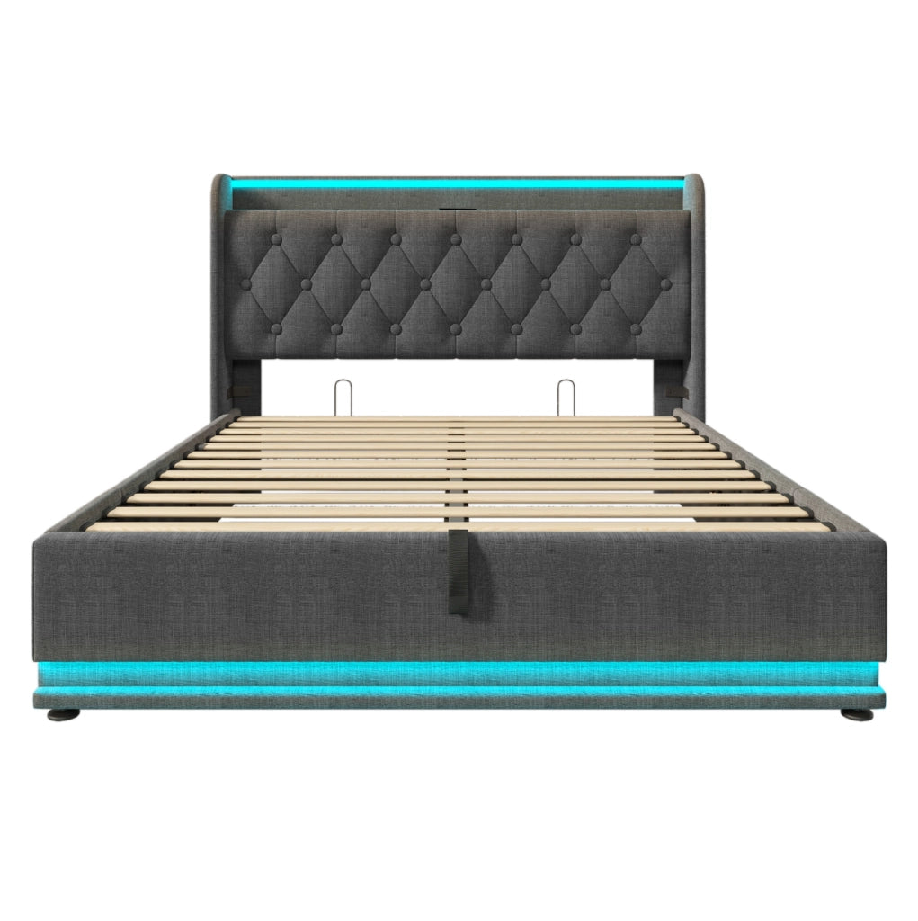 Letto matrimoniale imbottito 160x200 cm in lino grigio con LED 360掳; contenitore idraulico e USB Type-C