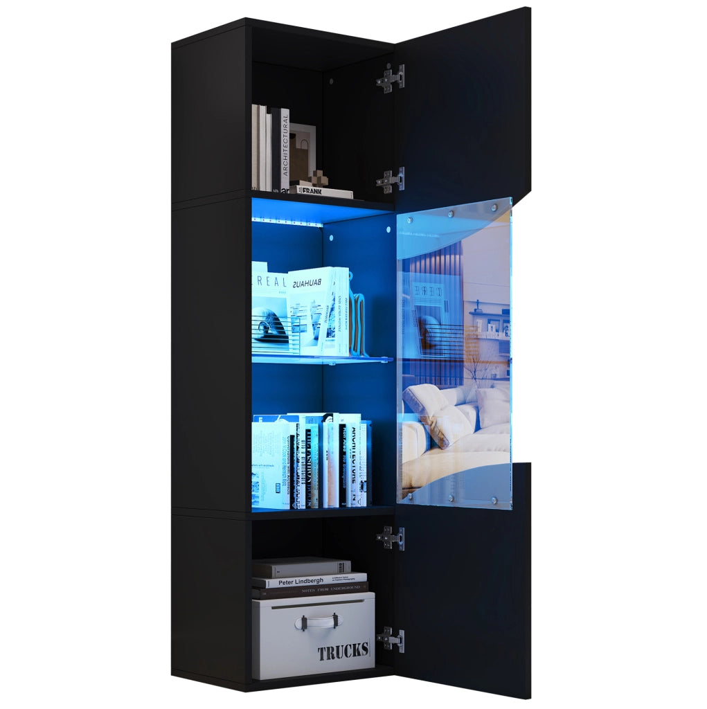 Vetrina alta e stretta 35x50x165 cm in truciolare nero lucido con LED e vetro temperato