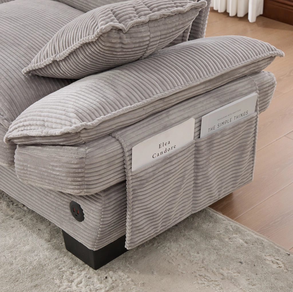 Divano modulare ULEVR 4 posti 330x132x84 cm con 2 pouf contenitore, USB-C e tasche laterali, grigio chiaro