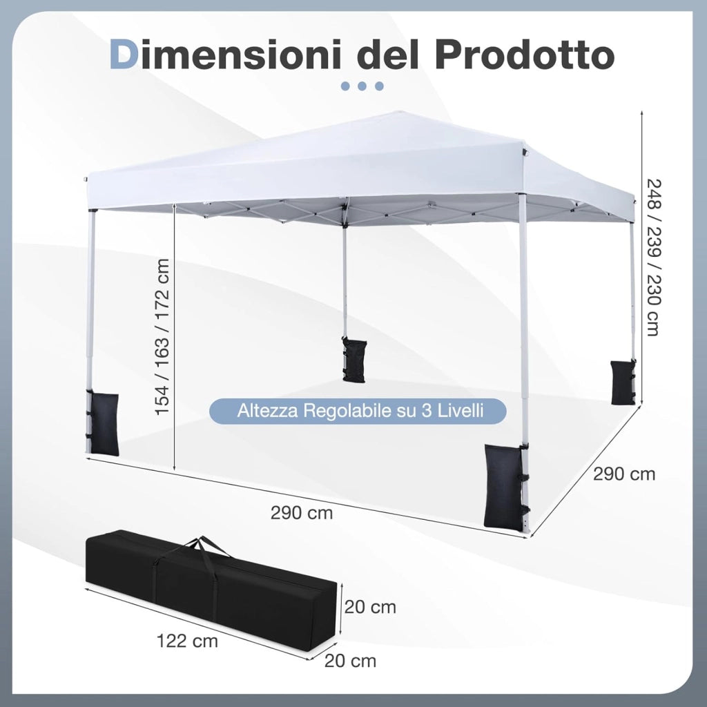 Gazebo da Esterno Pieghevole 290 x 290 cm, Gazebo Pop up con 4 Sacchi di Sabbia e Borsa da Trasporto, Regolabile in Altezza, Telaio Robusto in Metallo, per Mercato, Campeggio (Bianco)