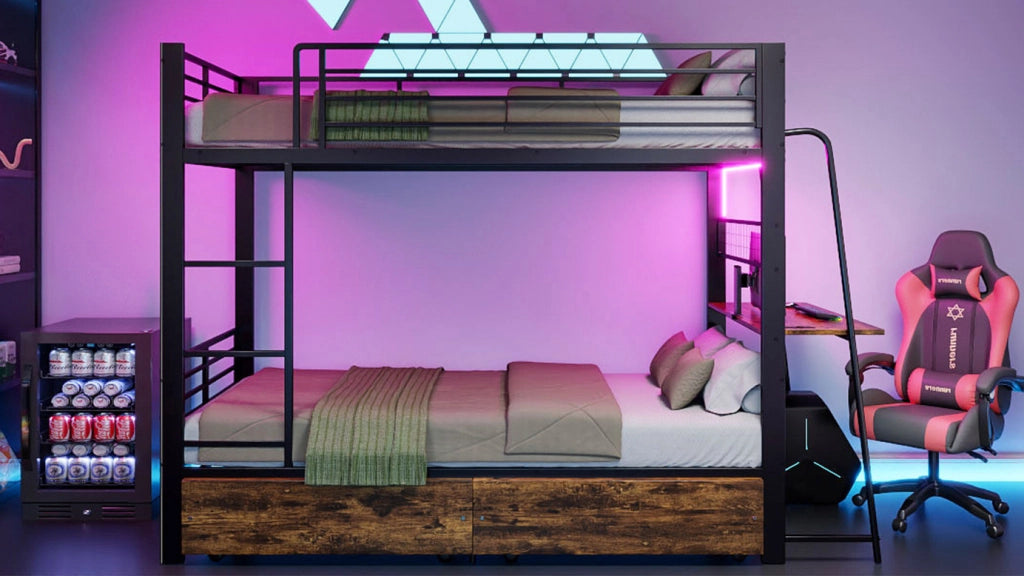 Letto a soppalco 90x200 cm con scrivania; LED e cassetti contenitore in metallo e MDF; nero