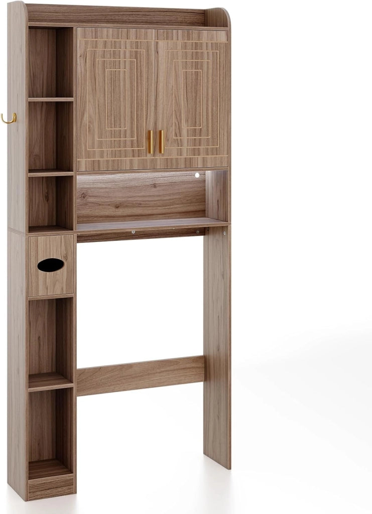 Mobile su WC con striscia luminosa, armadio da bagno con porte, ripiani aperti, supporto per carta igienica e gancio laterale, 80 x 20 x 171 cm, scaffale di stoccaggio (Grigio)