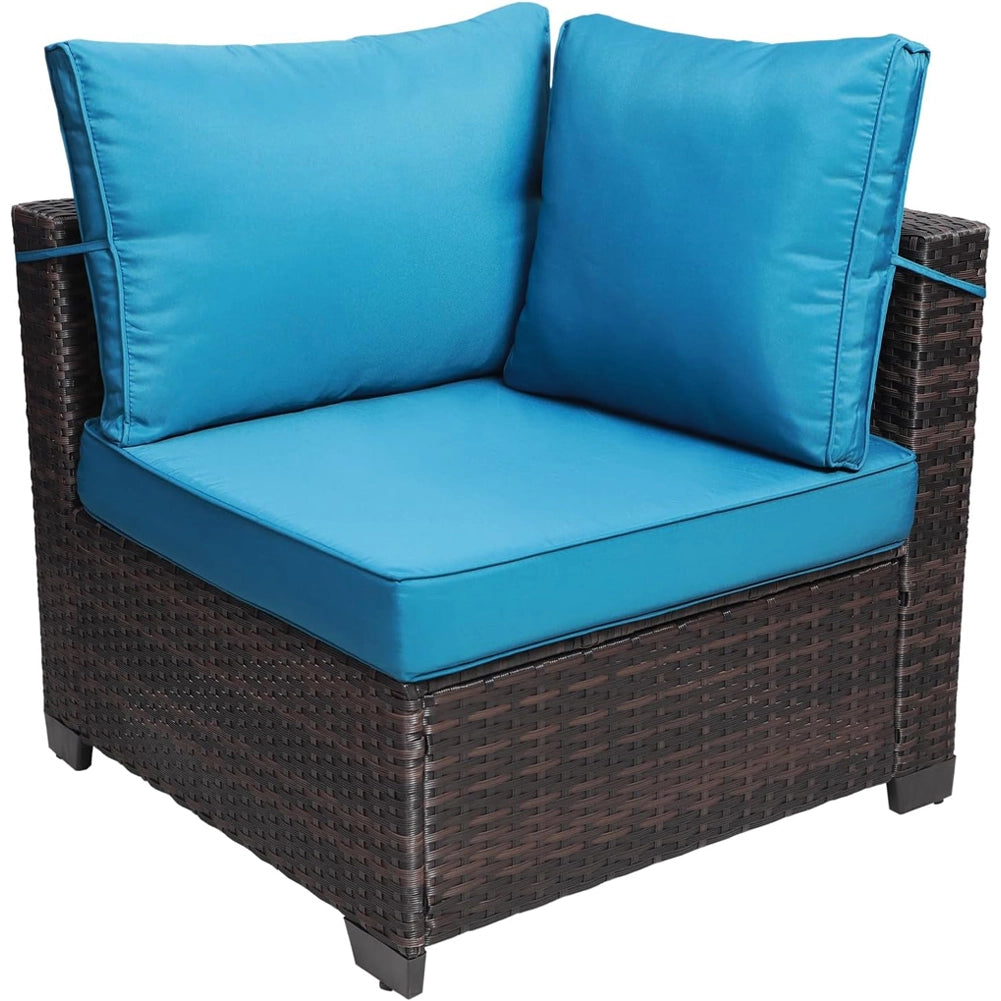 Set Patio Divano Modulabile da Esterno in Polyrattan con Cuscini Blu da Giardino