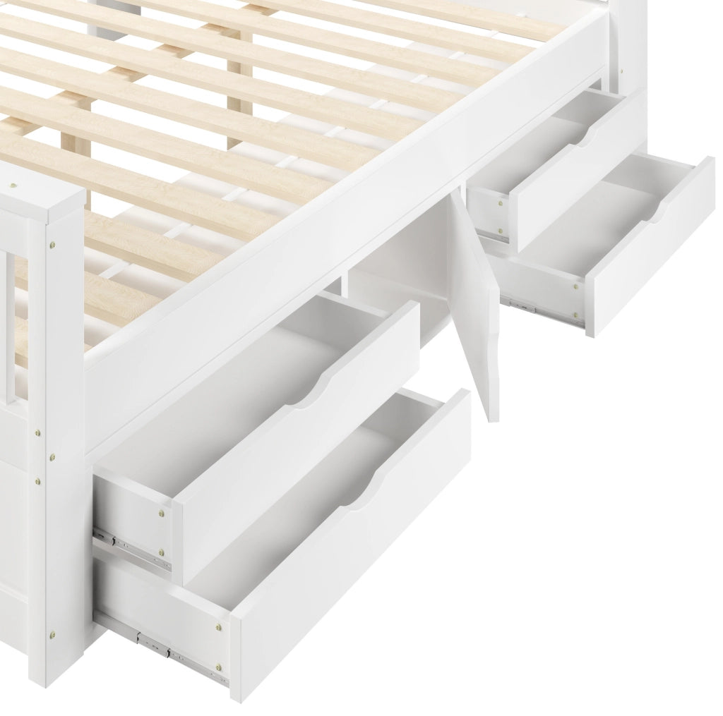 Letto piattaforma 160x200 cm con testiera libreria; LED e 4 cassetti; bianco