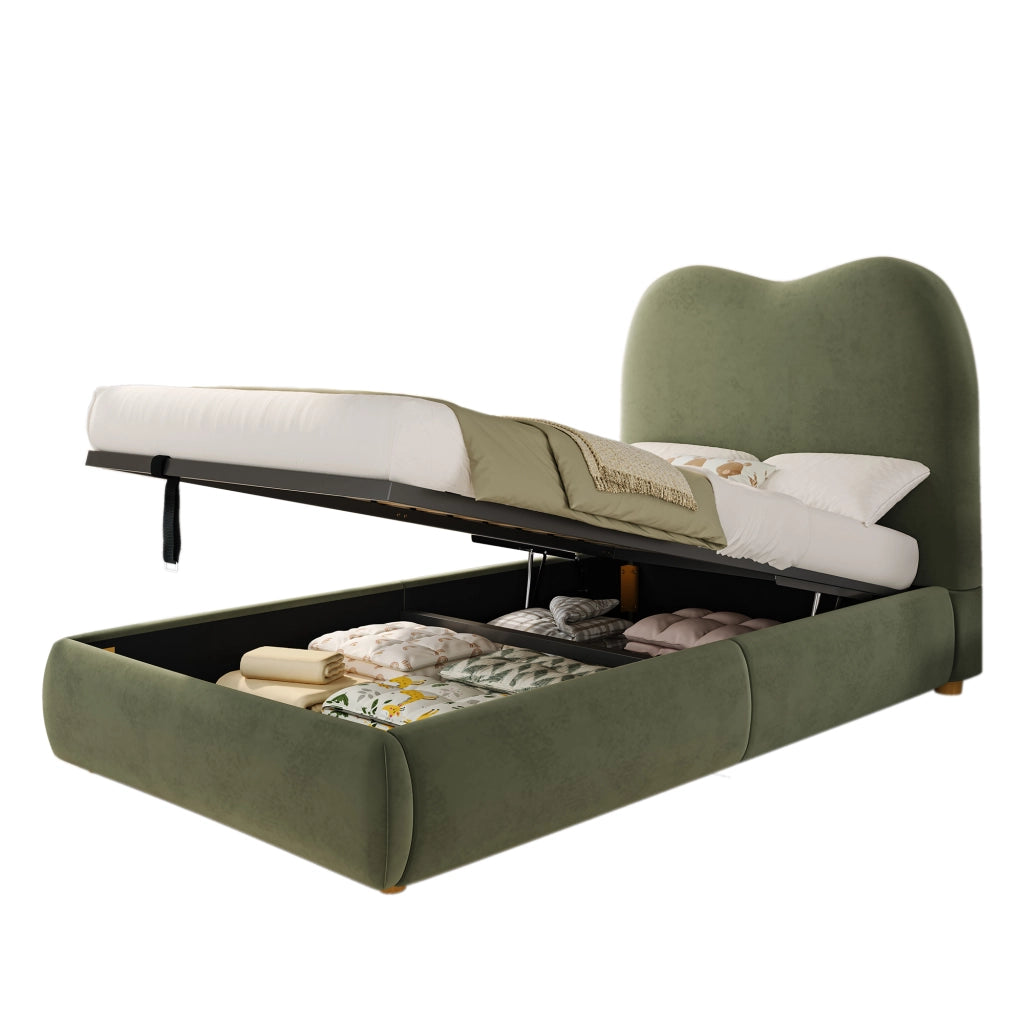 OKWISH Letto contenitore 90×200 cm, Letto Singolo con Vano Contenitore, Testiera Imbottita e Struttura Integrata, senza Materasso, in Velluto, Verde