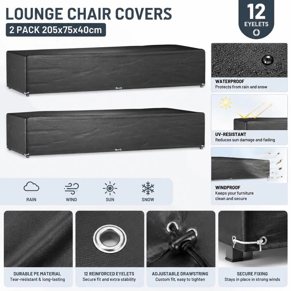Sun Lounger Covers, 2 Pieces, 12 Eyelets, 205x75x40 Cm