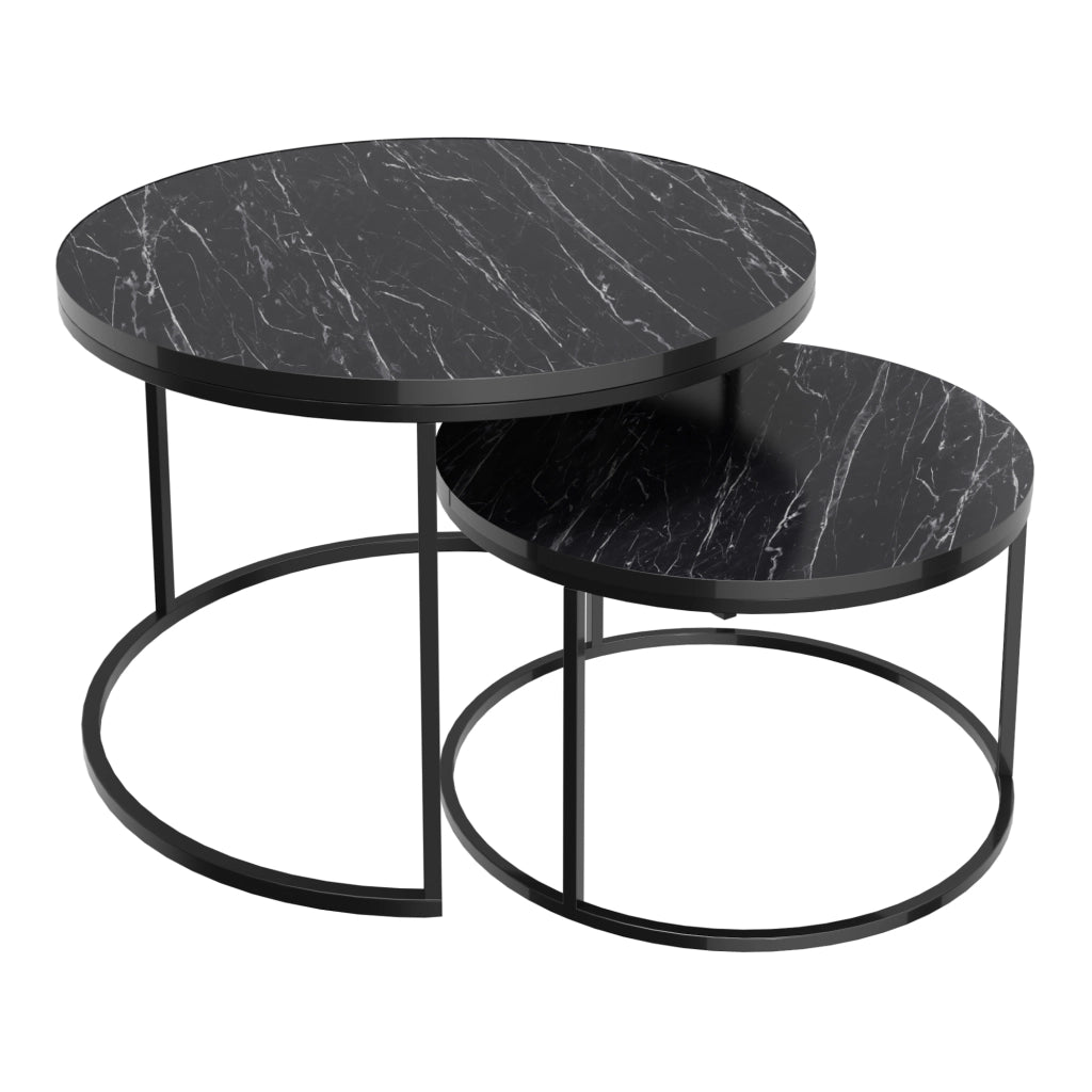 Set Skagen 2 Tavolini Sovrapponibili con Piani Rotondi e Telaio in Metallo - Effetto Marmo Nero / Nero [en.casa]
