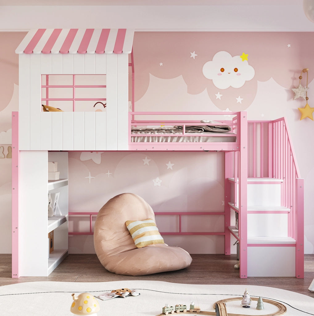 Letto a soppalco multifunzione 90x200 cm con scala contenitore e ripiani; rosa